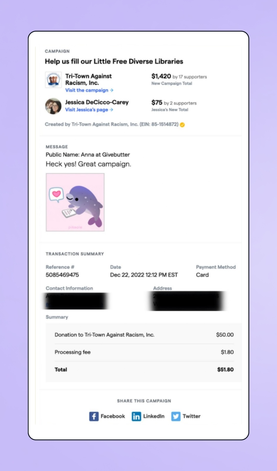 Image of a donation receipt example